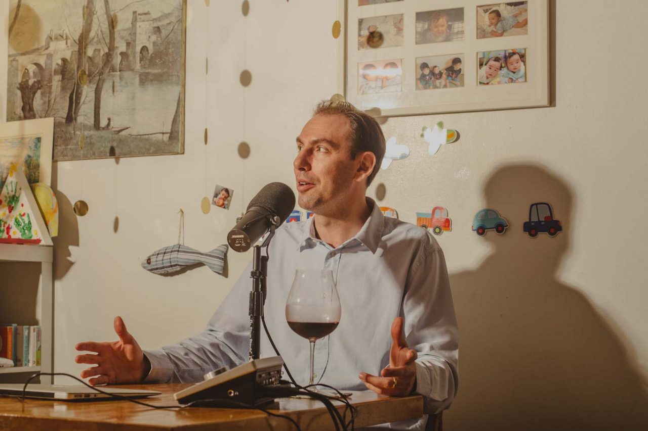 levi dalton records a wine podcast